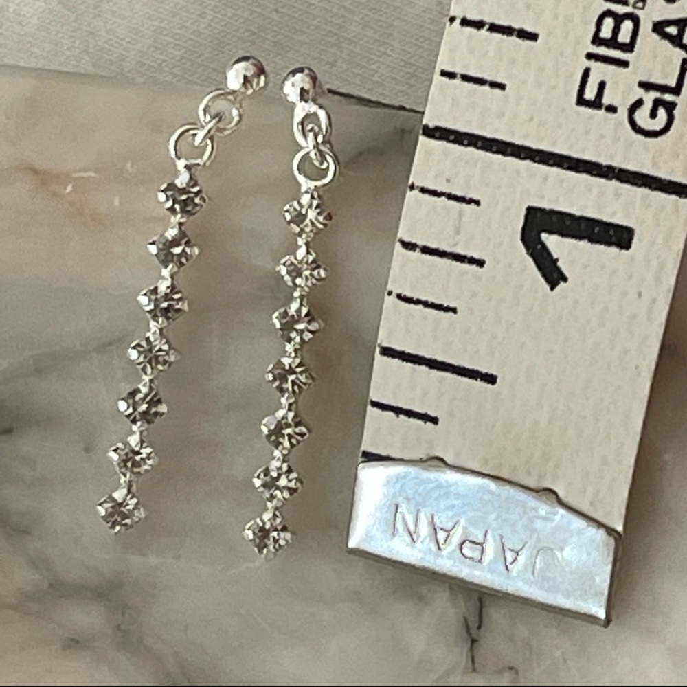 Sterling Silver 925 long rhinestone earrings minimalist prom wedding bridal - Picture 9 of 10